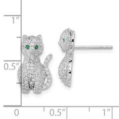 QE15788 Sterling Silver Rhodium-plated Polished Green & White CZ Cat Post Earrings