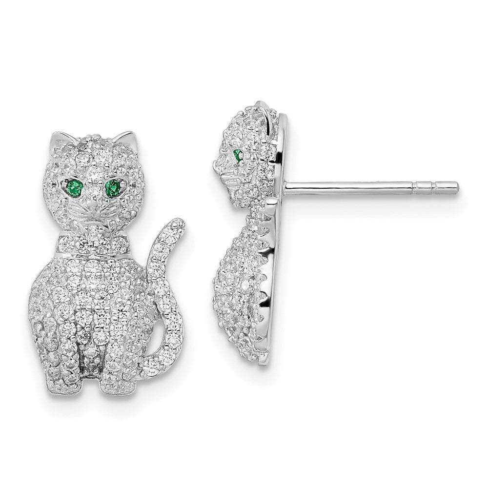 QE15788 Sterling Silver Rhodium-plated Polished Green & White CZ Cat Post Earrings