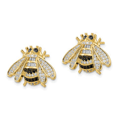 QE15789 Sterling Silver Blk/White RH-plated Gold Tone CZ Bumblebee Post Earrings