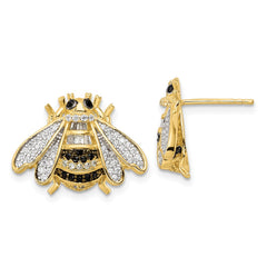 QE15789 Sterling Silver Blk/White RH-plated Gold Tone CZ Bumblebee Post Earrings