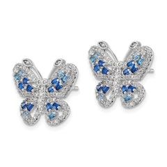 QE15791 Sterling Silver Rhodium-plated Polished Light and Dark Blue CZ with Clear CZ Butterfly Post Earrings