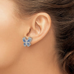 QE15791 Sterling Silver Rhodium-plated Polished Light and Dark Blue CZ with Clear CZ Butterfly Post Earrings