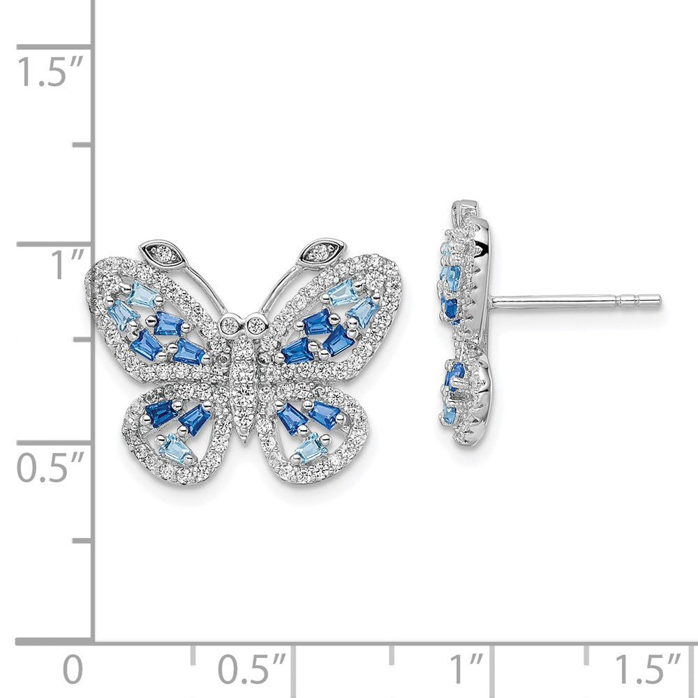 QE15791 Sterling Silver Rhodium-plated Polished Light and Dark Blue CZ with Clear CZ Butterfly Post Earrings