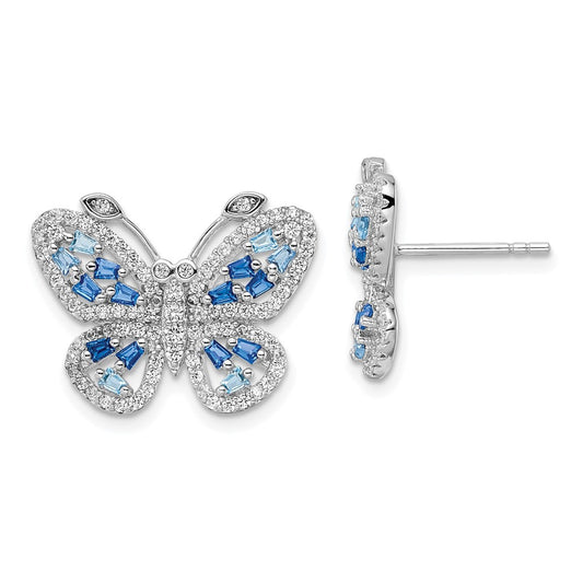 QE15791 Sterling Silver Rhodium-plated Polished Light and Dark Blue CZ with Clear CZ Butterfly Post Earrings