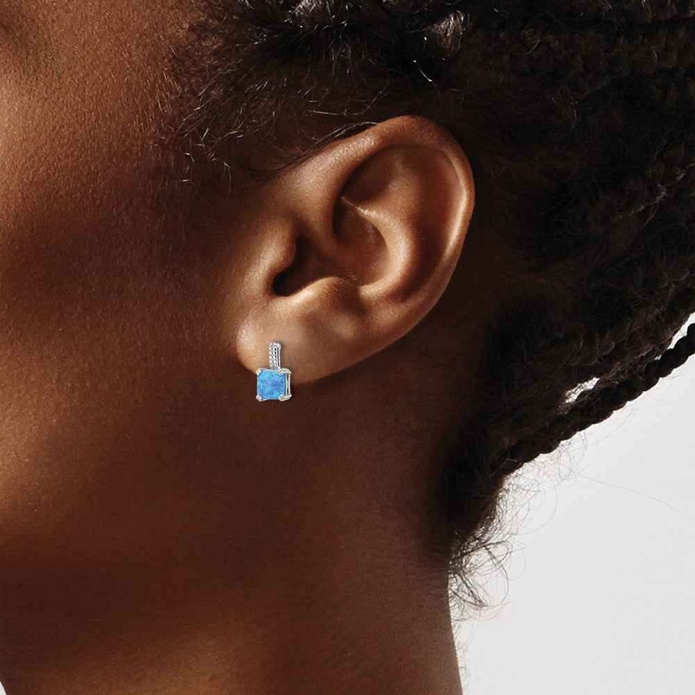 QE15795 Sterling Silver Rhodium-plated Square Blue Created Opal Post Earrings