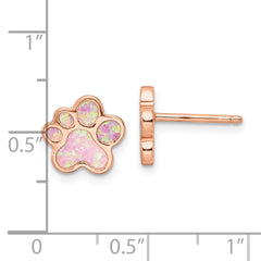 QE15796 Sterling Silver Rose-tone Created Opal Inlay Pawprint Post Earrings