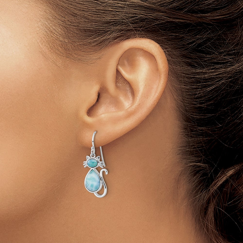 QE15797 Sterling Silver Rhodium-plated Polished Larimar Cat Dangle Earrings