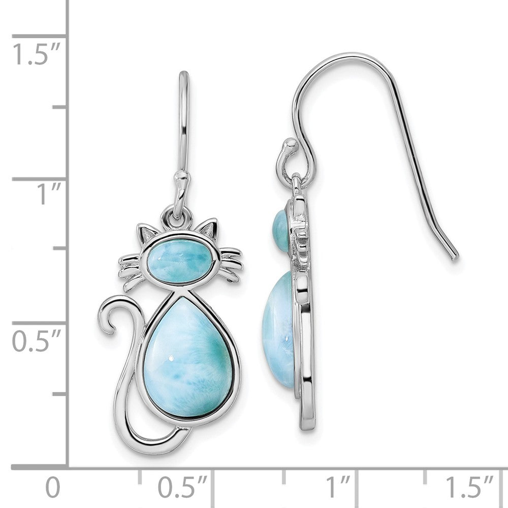 QE15797 Sterling Silver Rhodium-plated Polished Larimar Cat Dangle Earrings