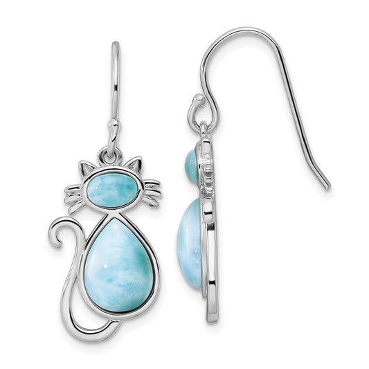 QE15797 Sterling Silver Rhodium-plated Polished Larimar Cat Dangle Earrings