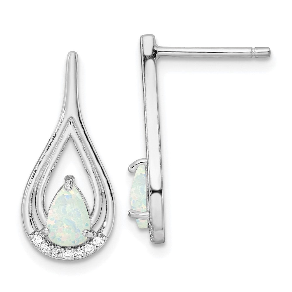 QE15803 Sterling Silver RH-plated Pear Shape White Created Opal CZ Post Earrings