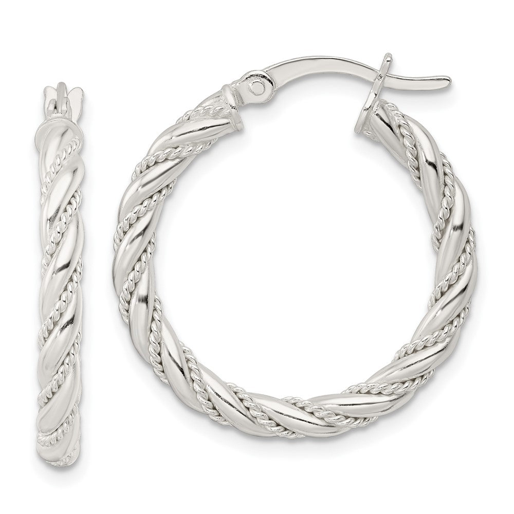 QE15842 Sterling Silver Polished Twisted Rope Hoop Earrings