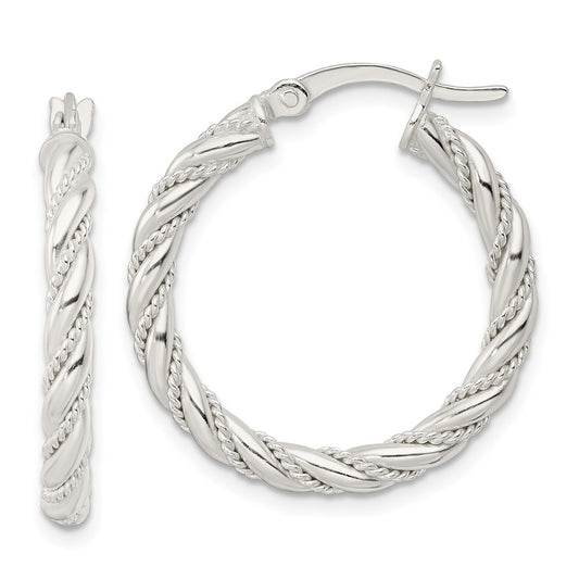 QE15842 Sterling Silver Polished Twisted Rope Hoop Earrings