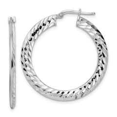 QE15850 Sterling Silver Rhodium-plated 2x32mm D/C Knife-edge Tube Hoop Earrings