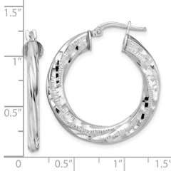 QE15851 Sterling Silver Rhodium-plated 3x29mm D/C Twisted Tube Hoop Earrings