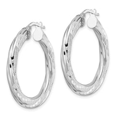QE15852 Sterling Silver Rhodium-plated 3x33mm D/C Twisted Tube Hoop Earrings