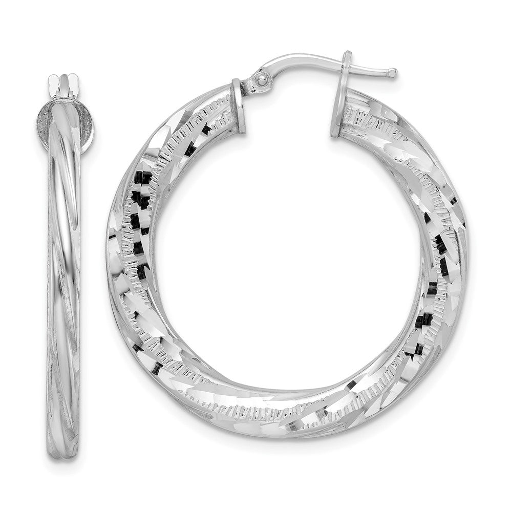 QE15852 Sterling Silver Rhodium-plated 3x33mm D/C Twisted Tube Hoop Earrings