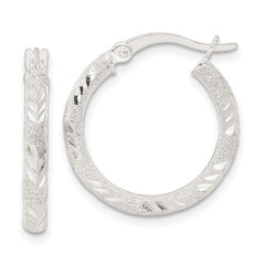 QE15855 Sterling Silver Polished and Laser Diamond-cut Hoop Earrings