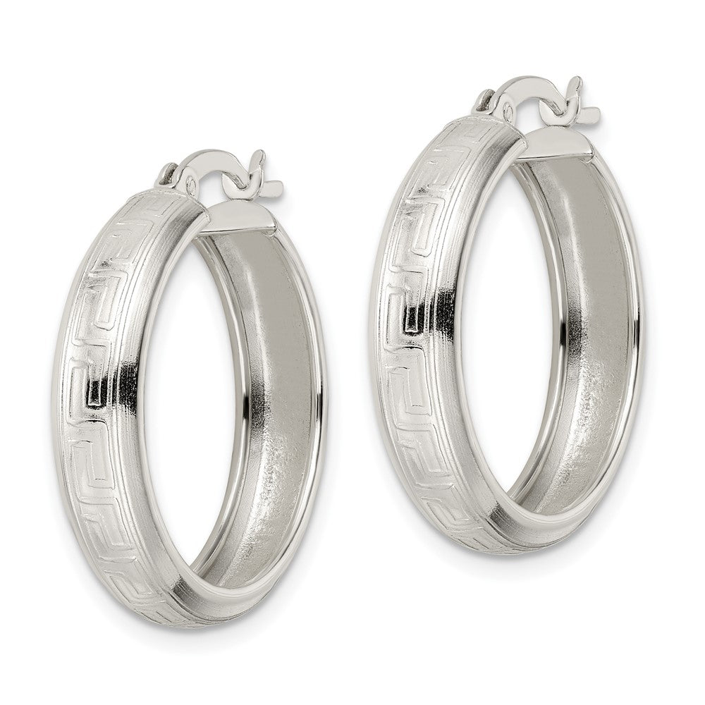 QE15861 Sterling Silver Polished Greek Key Circle Hoop Earrings