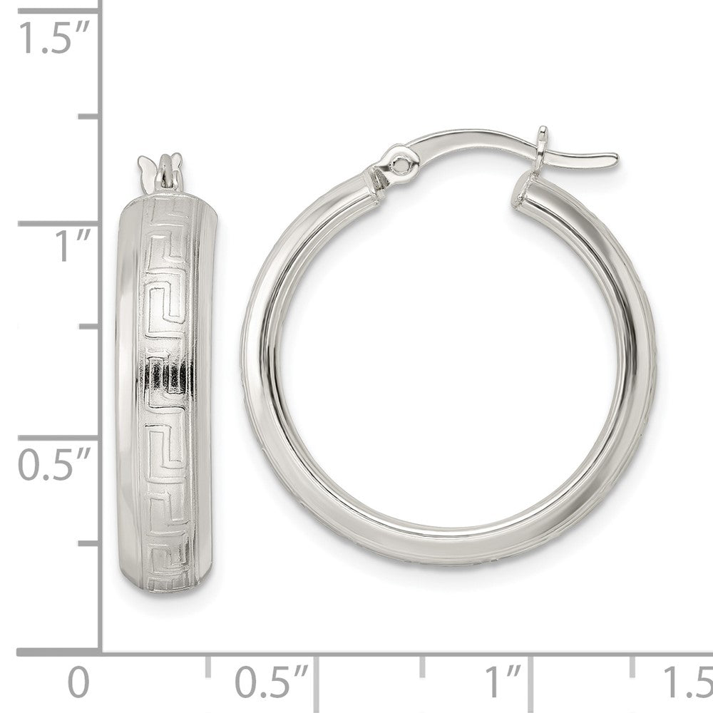 QE15861 Sterling Silver Polished Greek Key Circle Hoop Earrings