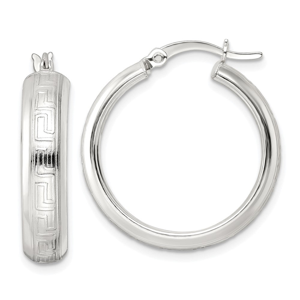 QE15861 Sterling Silver Polished Greek Key Circle Hoop Earrings