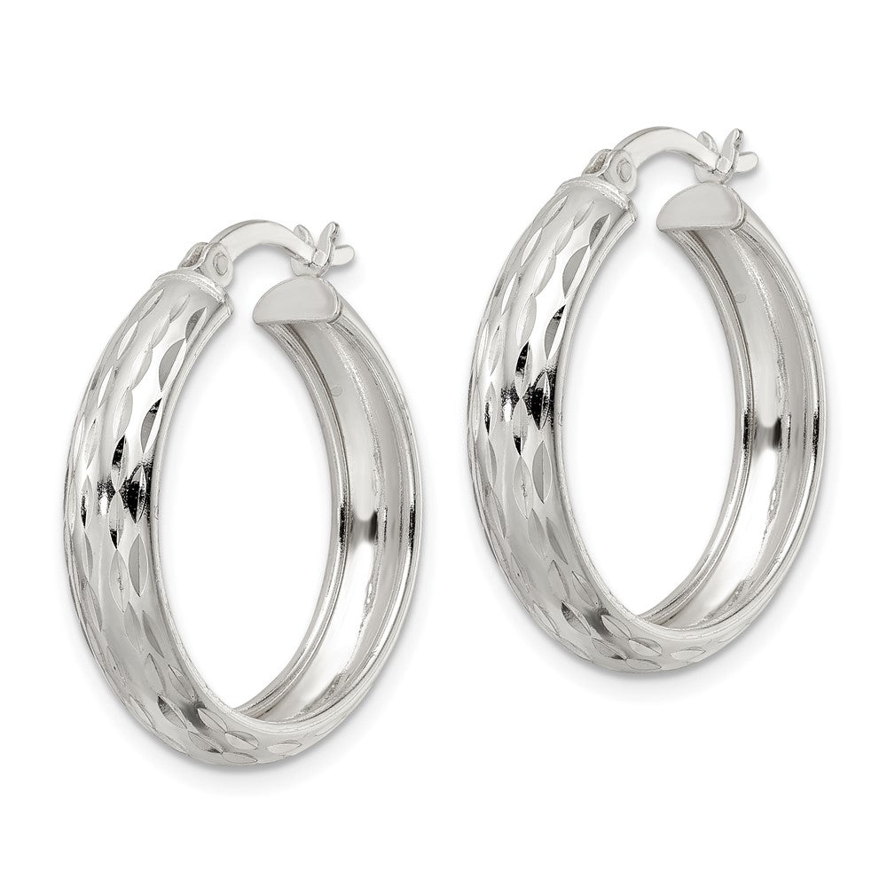 QE15863 Sterling Silver Polished Diamond-cut 5x25mm Hoop Earrings