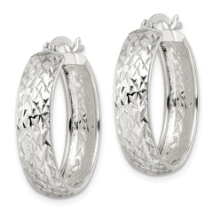 QE15864 Sterling Silver Diamond-cut 6x25mm Hoop Earrings