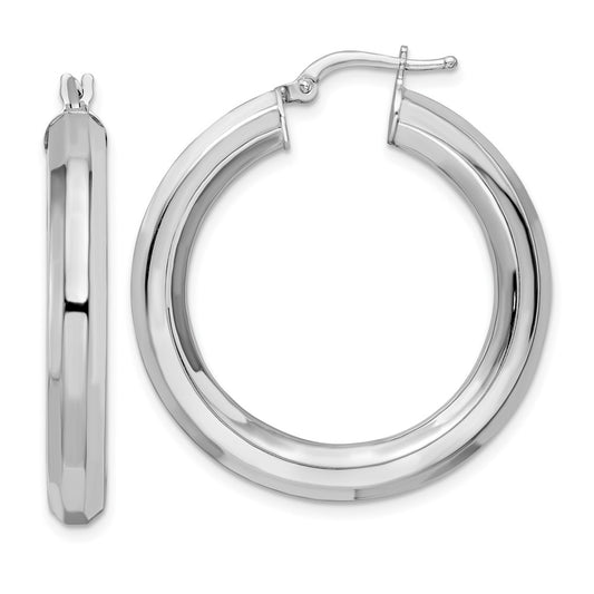 QE15867 Sterling Silver Rhodium-plated 5x34mm Octagon Tube Hoop Earrings