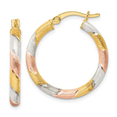 QE15895 Sterling Silver Gold and Rose-tone Diamond-cut Circle Hoop Earrings