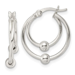 QE15900 Sterling Silver Polished Double Circle Beaded Hoop Earrings