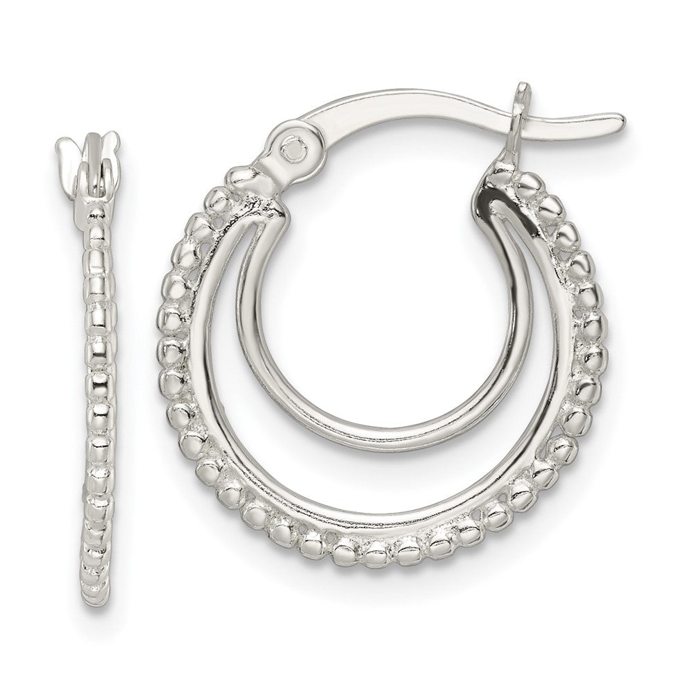 QE15906 Sterling Silver Beaded Double Circle Hoop Earrings