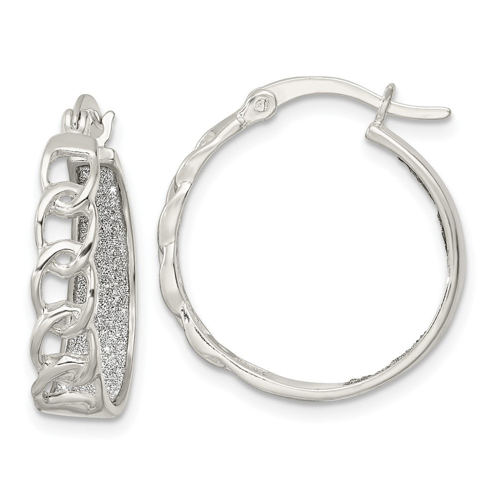 QE15924 Sterling Silver Polished Fabric Glitter Hoop & Links Round Hoop Earrings