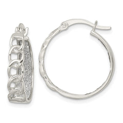 QE15924 Sterling Silver Polished Fabric Glitter Hoop & Links Round Hoop Earrings