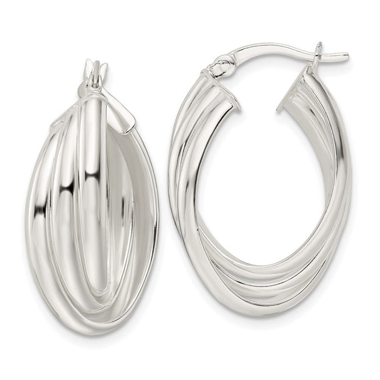 QE15933 Sterling Silver Polished Triple Twisted Oval Hoop Earrings