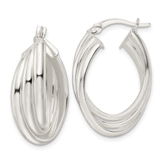 QE15933 Sterling Silver Polished Triple Twisted Oval Hoop Earrings
