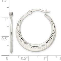QE15940 Sterling Silver Polished & Textured Knife Edge Round Hoop Earrings