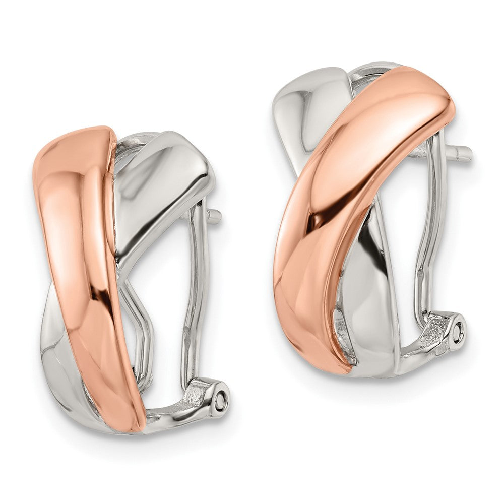 QE15941 Sterling Silver & Rose-tone Polished X Omega Back J-Hoop Earrings