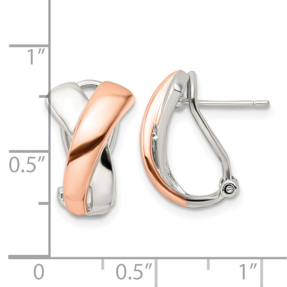 QE15941 Sterling Silver & Rose-tone Polished X Omega Back J-Hoop Earrings