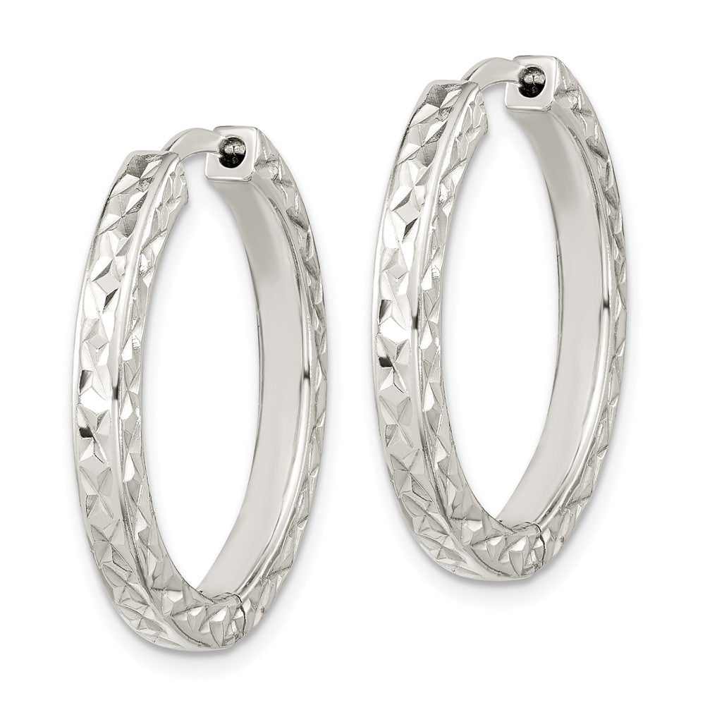QE15959 Sterling Silver Polished D/C Square Tube Locking Hoop Earrings