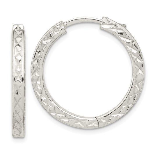 QE15959 Sterling Silver Polished D/C Square Tube Locking Hoop Earrings