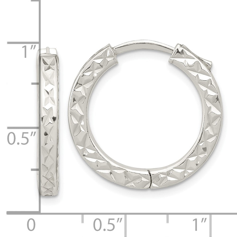 QE15960 Sterling Silver Polished D/C Square Tube Locking Hoop Earrings