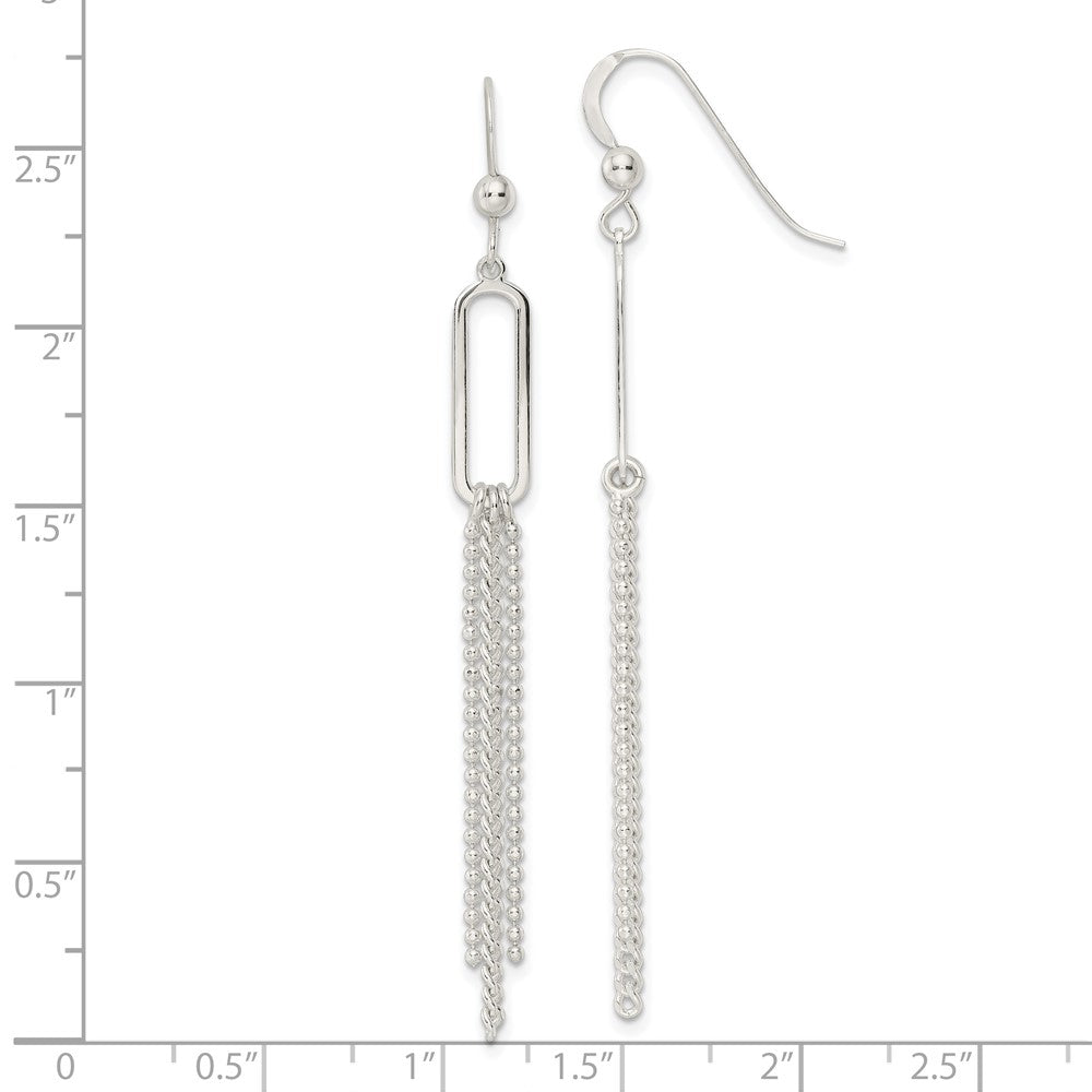 QE16048 Sterling Silver Polished Oval and Multi-Strand Beaded Chain Dangle Earrings