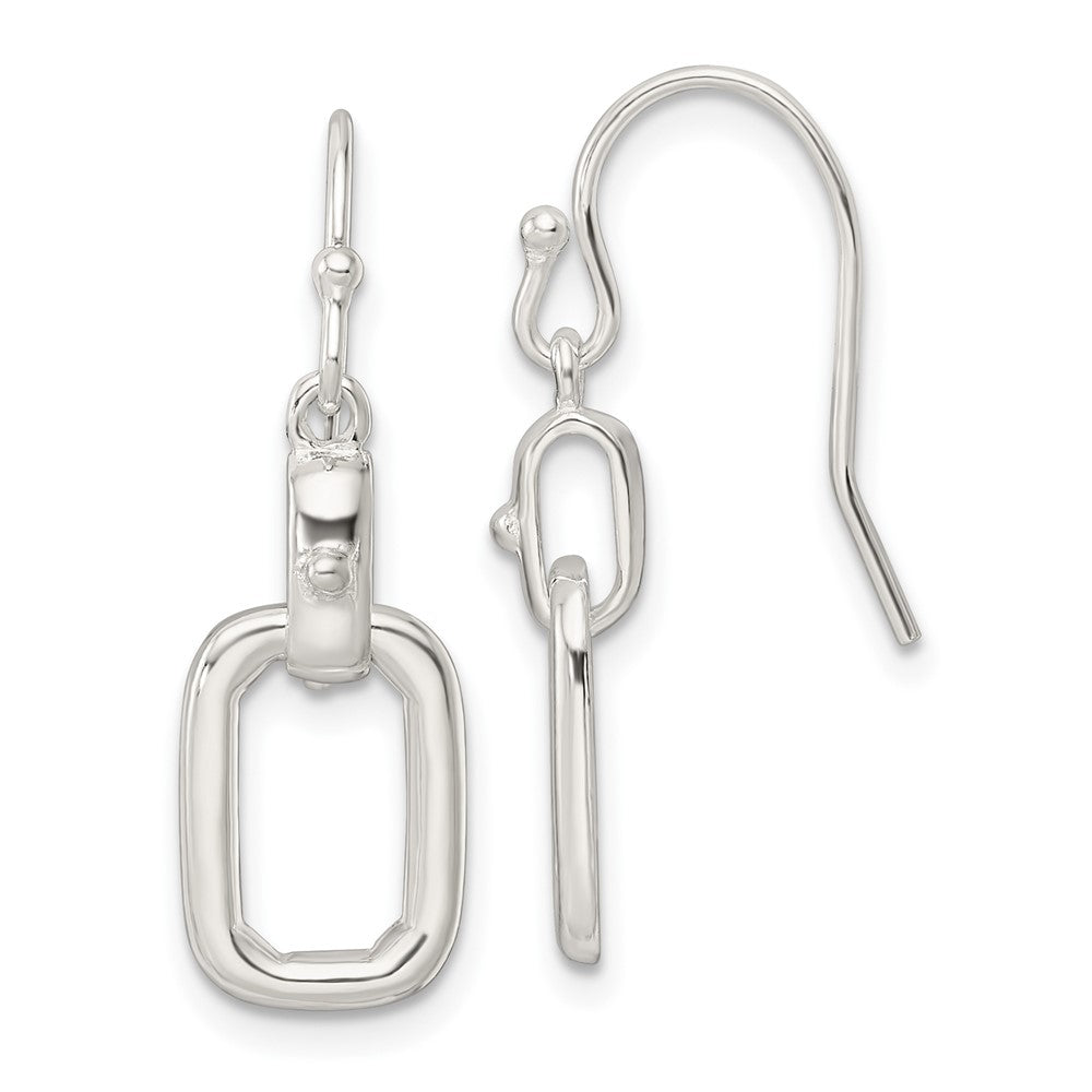 QE16080 Sterling Silver Polished Rectangle Link Dangle Shepherd Hook Earrings