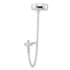 QE16112 Sterling Silver RH-plated CZ Cross w/ 2in Chain Single Post & Cuff Earrin