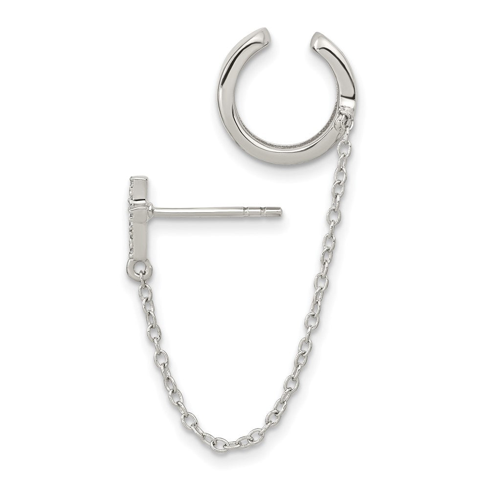 QE16112 Sterling Silver RH-plated CZ Cross w/ 2in Chain Single Post & Cuff Earrin