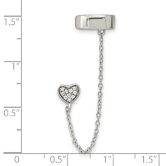 QE16113 Sterling Silver RH-plated CZ Heart w/ 2in Chain Single Post & Cuff Earrin