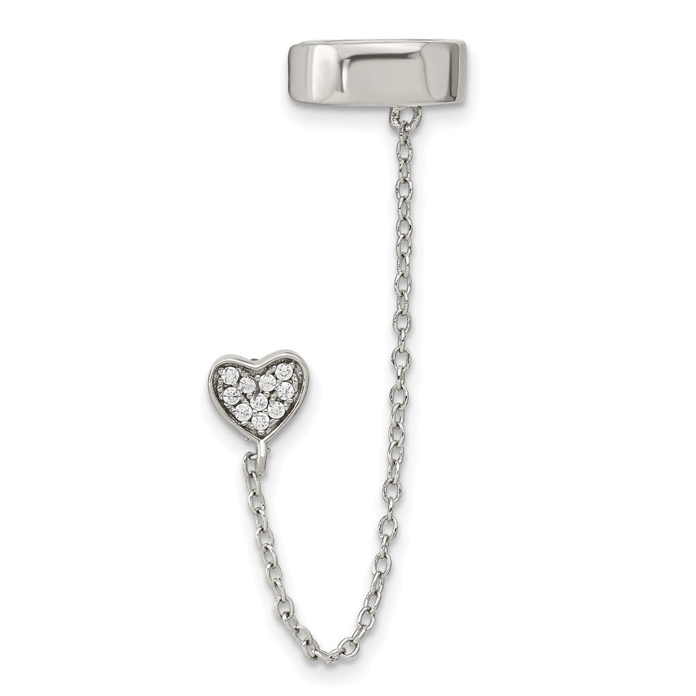 QE16113 Sterling Silver RH-plated CZ Heart w/ 2in Chain Single Post & Cuff Earrin
