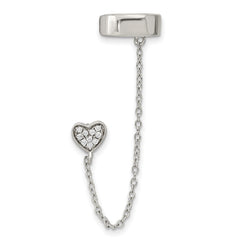 QE16113 Sterling Silver RH-plated CZ Heart w/ 2in Chain Single Post & Cuff Earrin