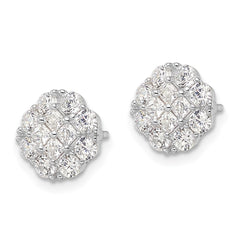 QE16121 Sterling Silver Rhodium-plated Polished CZ Cluster Flower Post Earrings