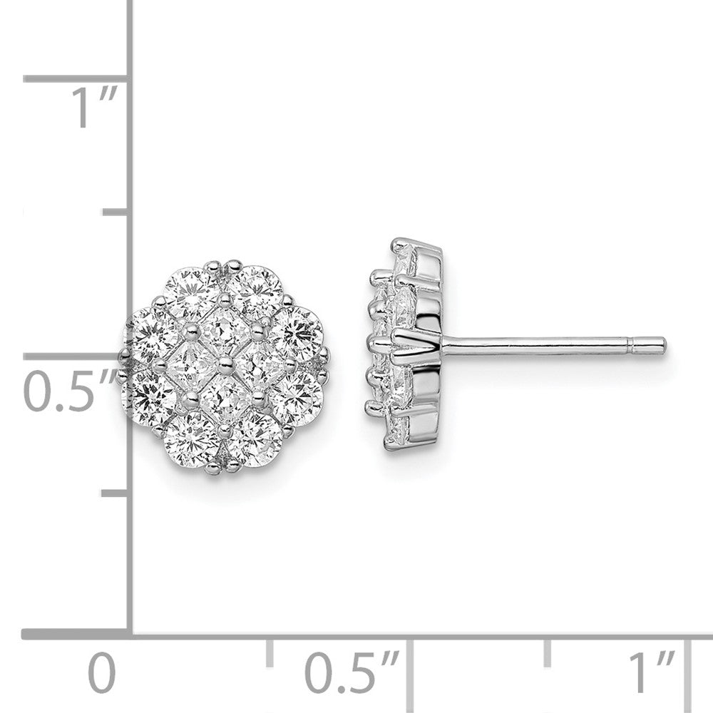 QE16121 Sterling Silver Rhodium-plated Polished CZ Cluster Flower Post Earrings