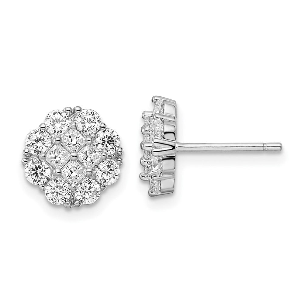 QE16121 Sterling Silver Rhodium-plated Polished CZ Cluster Flower Post Earrings